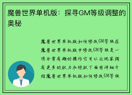 魔兽世界单机版：探寻GM等级调整的奥秘
