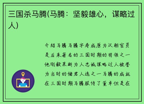 三国杀马腾(马腾：坚毅雄心，谋略过人)